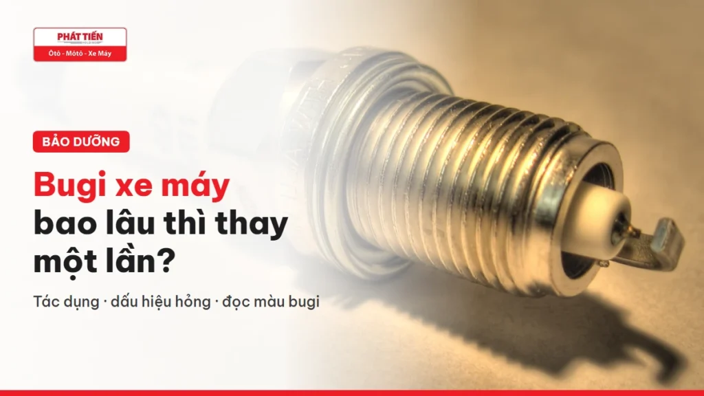 Cận cảnh một chiếc bugi xe máy kèm tiêu đề bài viết về tác dụng, dấu hiệu hỏng và mốc thay bugi