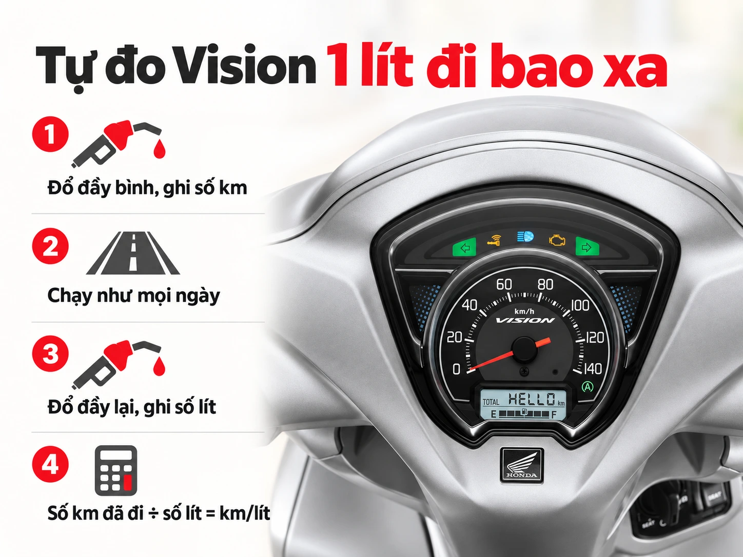 4 bước tự đo mức tiêu thụ xăng xe Vision cạnh mặt đồng hồ LCD