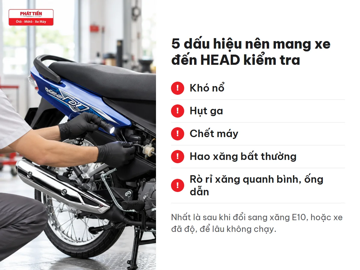 Kỹ thuật viên soi kiểm tra ống dẫn xăng xe Wave Alpha và 5 dấu hiệu nên mang xe đến HEAD: khó nổ, hụt ga, chết máy, hao xăng bất thường, rò rỉ xăng