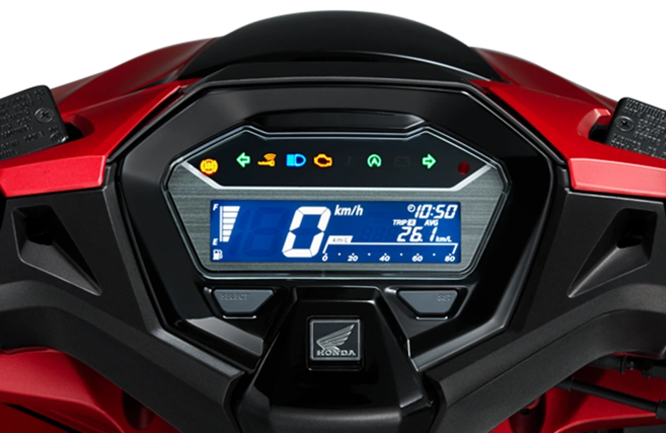 Mặt đồng hồ LCD Honda Vario 160 với cột vạch báo xăng từ F đến E bên trái và tốc độ ở giữa