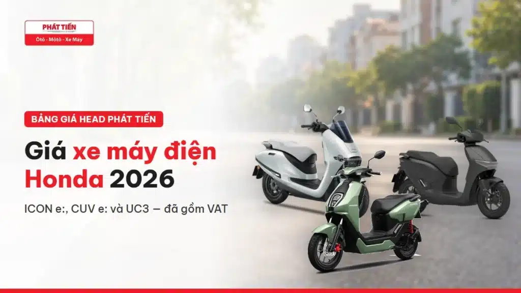 Ba xe máy điện Honda UC3 màu trắng, CUV e: màu đen nhám và ICON e: màu xanh trên đường phố cùng tiêu đề giá xe máy điện Honda 2026