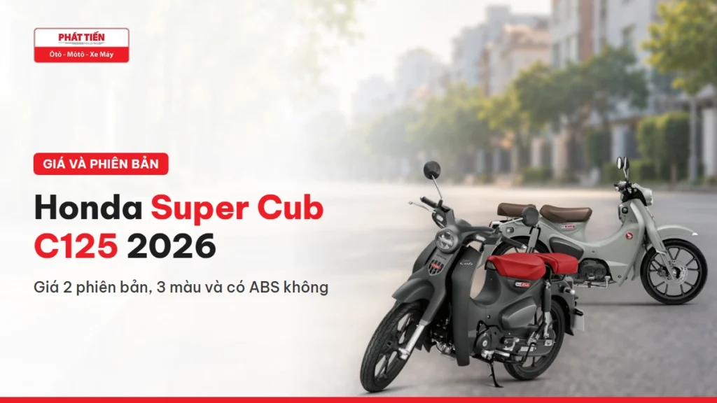Xe Honda Super Cub C125 bản Đặc Biệt màu Đen yên đỏ và bản Tiêu Chuẩn màu Xám đen trên đường phố cùng tiêu đề Honda Super Cub C125 2026