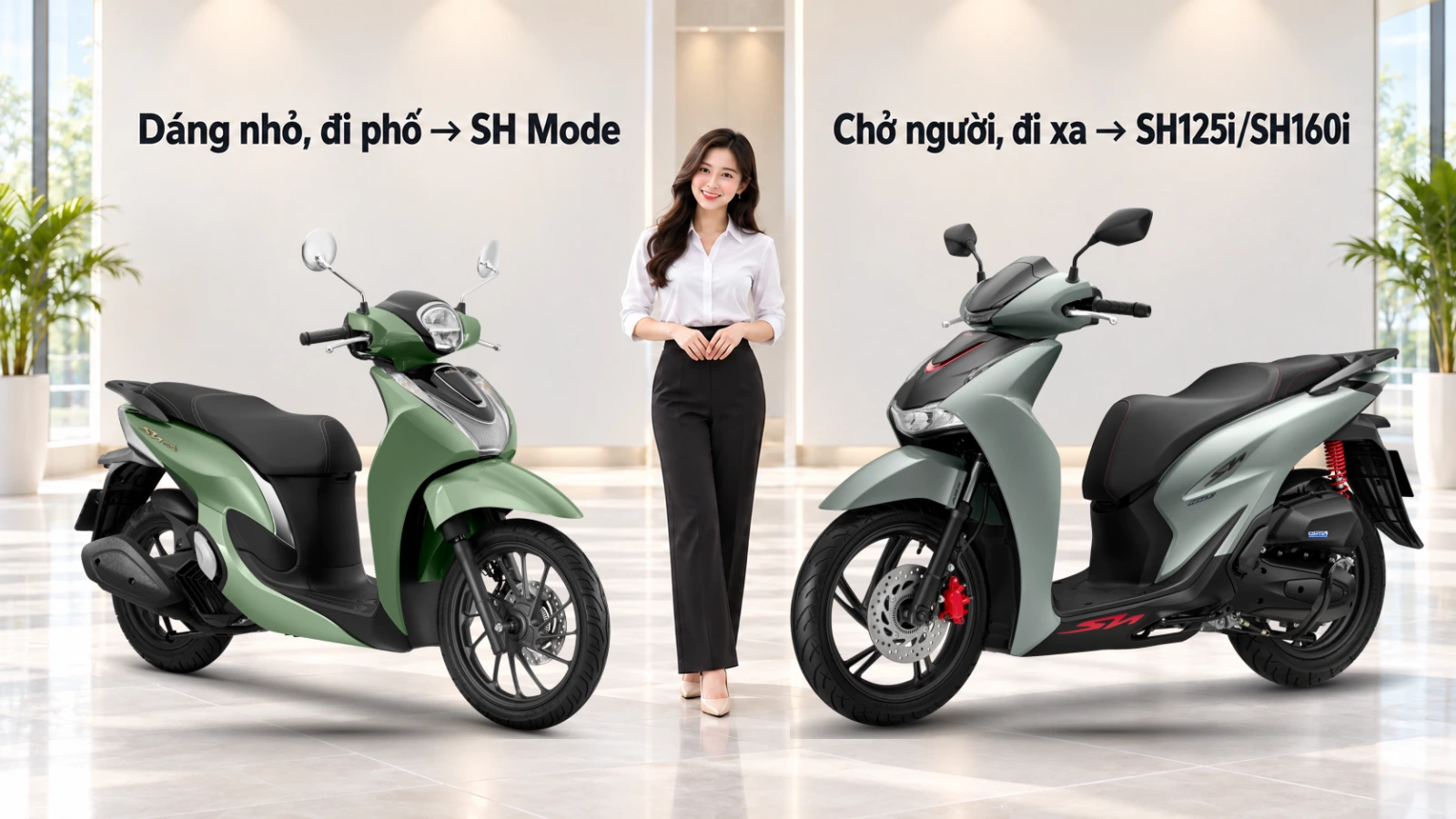 Cô gái dáng nhỏ đứng giữa SH Mode Xanh Đen và SH Xám Đen Đỏ trong showroom