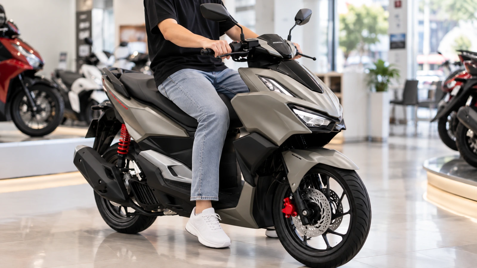 Khách ngồi thử Honda Vario 160 màu Xám Đen Bạc trong showroom HEAD