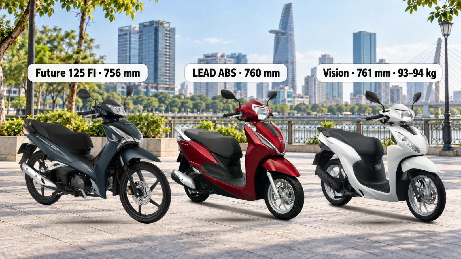 Future 125 FI 756 mm, LEAD ABS 760 mm và Vision 761 mm đứng cạnh nhau